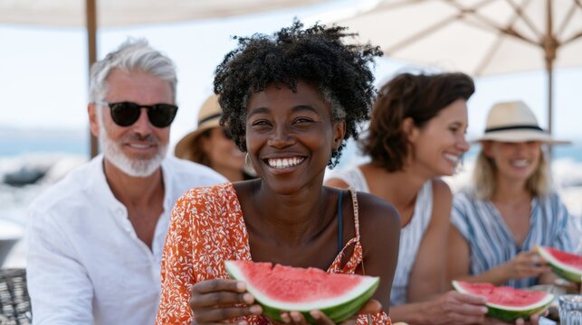 Group of friends enjoying watermelon slices at a beachside table during peak summer vacation, with umbrellas providing shade and ocean visible in the background