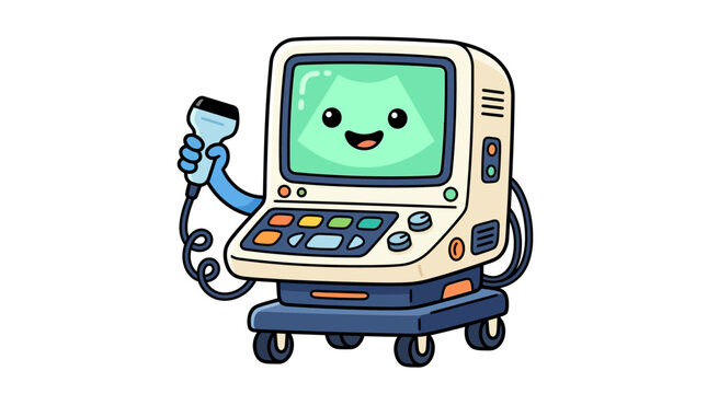 Cartoon ultrasound machine with smiling face holding probe