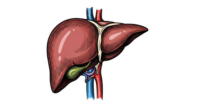 Anatomy diagram of human liver with gallbladder.