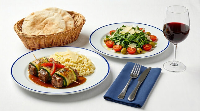 Lamb wrapped in zucchini with Sicilian lemon risotto, arugula salad, tomato and olives, accompanied by a basket of pita bread and a glass of red wine