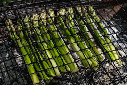 Grilled asparagus on charcoal barbecue