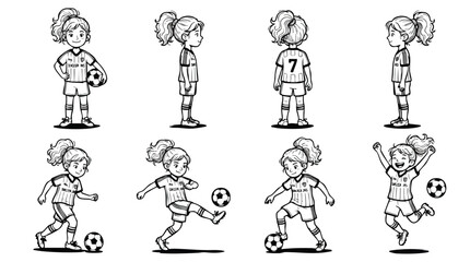 Obraz premium Young Girl Soccer Player Character Sheet in Outline Style