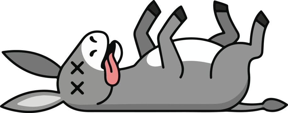 Funny dead donkey character vector illustration. Cute donkey cartoon lying on back with X eyes and tongue out. Fainted farm animal mascot. Grey mule comic flat design. Isolated donkey clipart. Exhaust