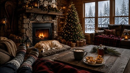 Fototapeta premium Golden Retriever vor Kamin und Weihnachtsbaum in gemütlicher kanadischer Blockhütte im Winter