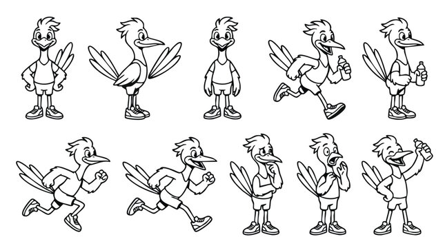 Roadrunner bird mascot character collection in various poses