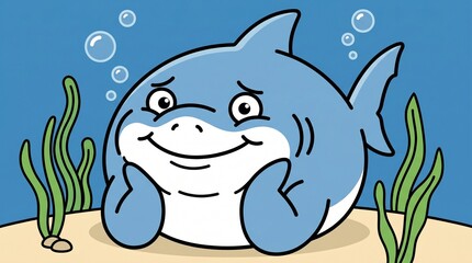 Fototapeta premium Cute and chubby cartoon blue shark smiling underwater with seaweed and bubbles