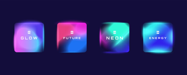 Fototapeta na wymiar Set of futuristic glowing square banners with neon gradient lighting effects on dark background. Abstract holographic UI elements. Ideal for presentations, web banner, poster, interfaces, text boxes.