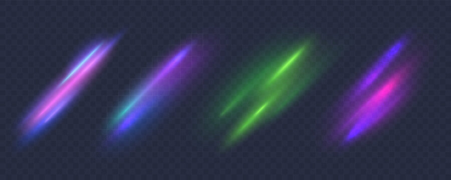 Collection of colorful light effects isolated on transparent background. Abstract northern lights. Flowing neon glowing. Element for your design. Vector illustration