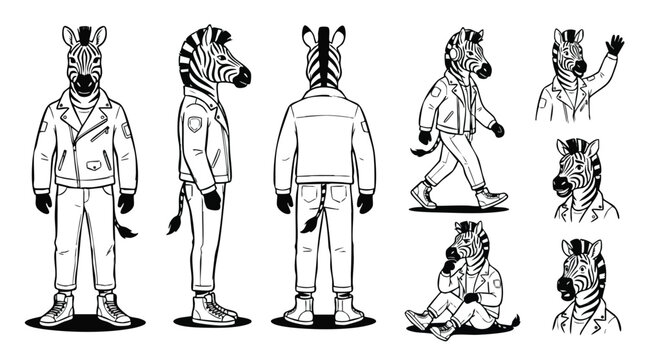 Anthropomorphic Zebra Character Sheet Wearing Leather Jacket Line Art