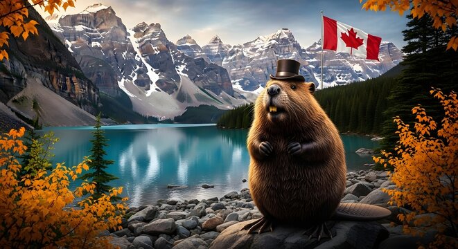 Happy canada day festive beaver with canadian flags and mountain lake scenery