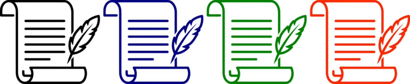 Collection of scroll and feather icons in black blue green and red colors