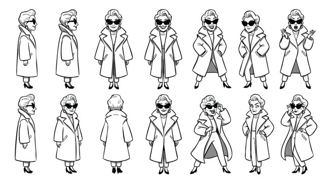 Cartoon Stylish Senior Woman Character Set in Various Poses