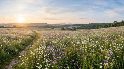 Fototapeta premium A beautiful sunset over a vibrant wildflower meadow, showcasing a stunning array of colors and a tranquil atmosphere.