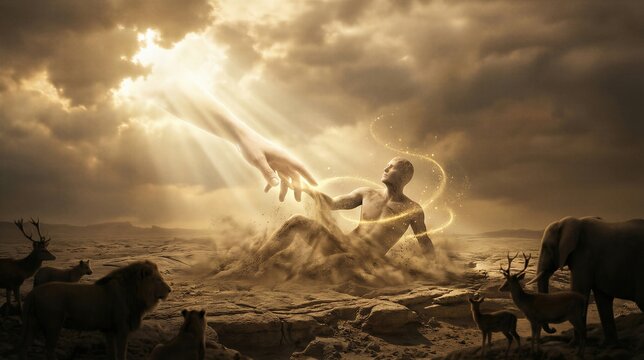 God hand reaching toward a man formed from dust in the desert. Biblical creation story scene from the Book of Genesis. Divine intervention, miracle and origin of life concept.