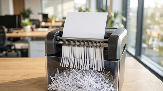 An office shredder in action, disposing of documents with a high-tech design and bright sunlight illuminating the workspace.