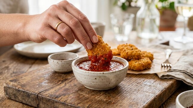 A hand of a Caucasian woman dips a golden chicken nugget into tangy red sauce, showcasing a cozy dining experience.