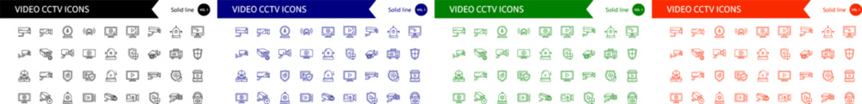Collection of video cctv icons in black blue green and orange for security and surveillance