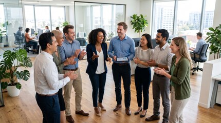 Obraz premium A diverse group of professionals celebrate a success in a modern office, showcasing teamwork and positivity.