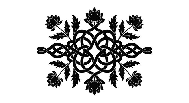Vector illustration of intricate floral knotwork ornament with lotus flowers in black and white on a transparent background