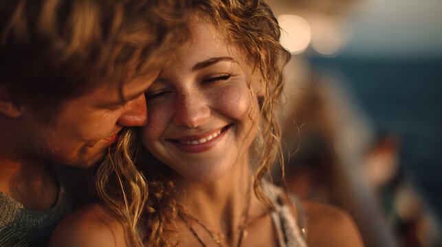 Romantic hugging couple on sunset travel cruise ship