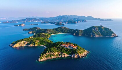 Obraz premium Aerial View of a Tropical Island Paradise with Lush Greenery and Turquoise Waters.