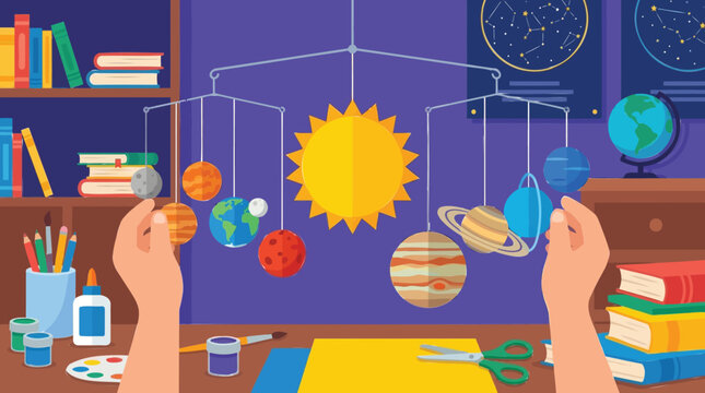 Engaging in a hands-on creative activity, building a colorful DIY solar system mobile to explore planets and astronomy