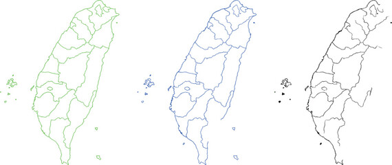 Taiwan map outline illustration set with administrative divisions, green, blue, black variations, geographic design, vector artwork © Creative Stoker