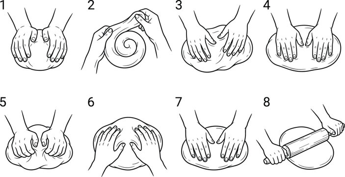 Step‑by‑step dough kneading illustration with hands, pressing, folding, rolling pin, baking preparation process, vector artwork