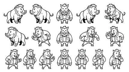 Obraz premium Wild Boar Mascot Character Pose Set Line Art Vector Illustration