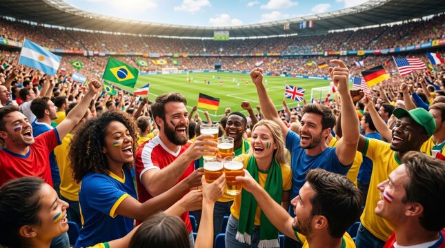 A diverse group of soccer fans cheers and clinks their beer glasses together, celebrating in a vibrant stadium atmosphere.
