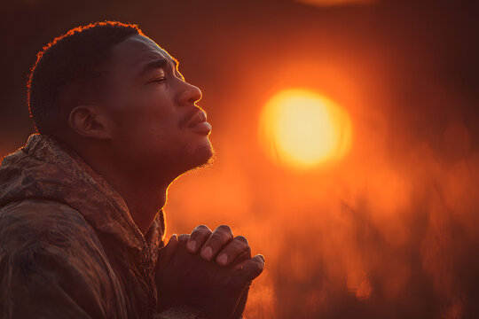 Christian prayer. Man on his knees praying on sunset background. Kneeling prayer to God. Worship and praise