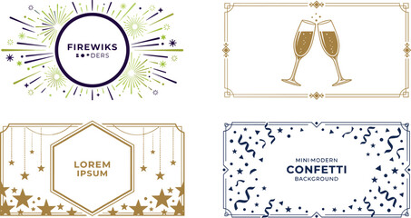 Festive border template illustration set with fireworks, champagne glasses, stars, confetti celebration designs, and vector artwork © Sheikh