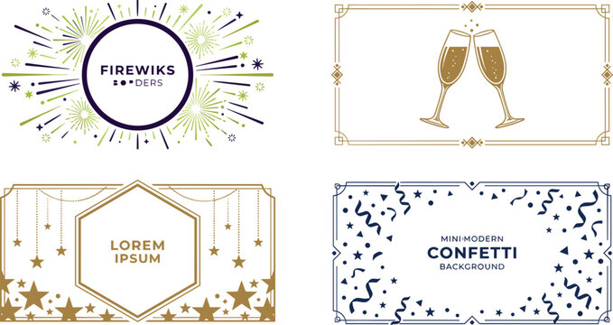 Festive border template illustration set with fireworks, champagne glasses, stars, confetti celebration designs, and vector artwork