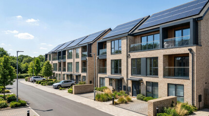 Fototapeta premium Modern residential building with solar panels, featuring large windows and lush greenery in the surroundings.