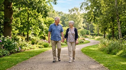 Obraz premium An elderly couple walking hand in hand through a vibrant garden, enjoying a sunny day together.