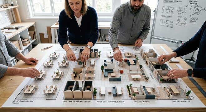 Four people collaborate on an architectural model featuring labeled floor plans and miniature furniture in a bright, modern workspace.