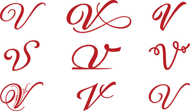 Ornate calligraphic letter V illustration set with decorative flourishes, script variations, artistic typography design, and vector artwork