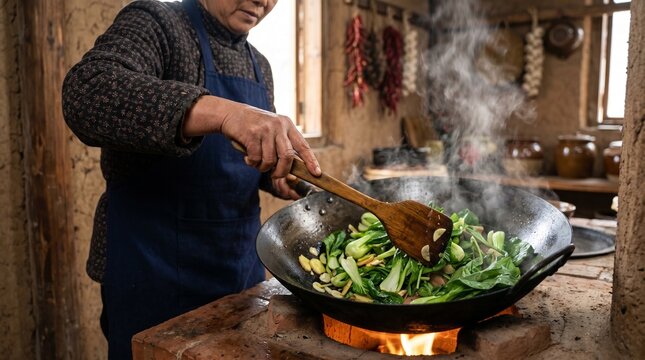 Wok vegetable cooking process, Rural Chinese farmhouse stove, Traditional stir fry preparation, Steam and firelight close up, Healthy kitchen scene