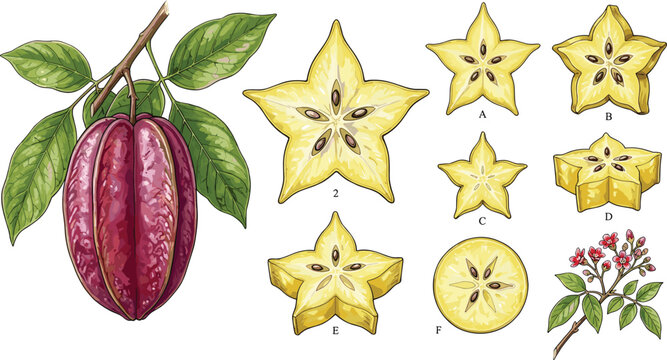 Starfruit botanical illustration with plant branch, leaves, fruits, cross‑sections, seeds, flowers, tropical design, vector artwork