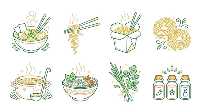 A collection of line art illustrations depicting various Asian food dishes, including ramen, noodles, pho, soup, herbs, and spices.