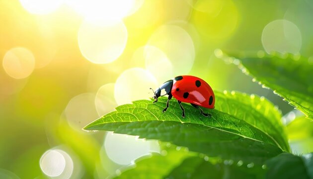 Close-up of a Ladybug on a Green Leaf in Sunlight.