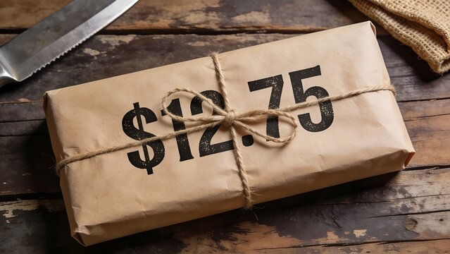 Brown paper parcel wrapped with simple twine featuring the specific price of twelve dollars and seventy five cents printed clearly on the textured surface top side