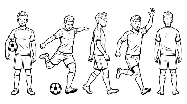 Soccer player character sheet vector line art with various poses