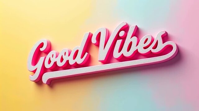Colorful 3D text saying Good Vibes with a pink outline and white texture against a pastel gradient background of yellow and blue hues