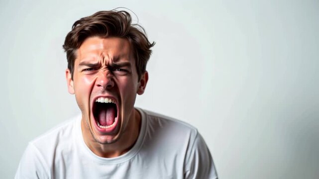 Young Caucasian male with short brown hair expresses intense emotion by shouting loudly, showcasing facial expressions in a minimalistic studio setting
