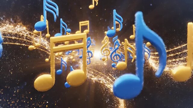 Abstract musical notes and staffs with golden sparkling particles and dark background.