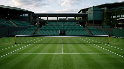 Fototapeta premium Empty professional grass tennis court with net and green stadium seats. Outdoor sports field for summer championship or tournament. Arena background for athletic competition concept.