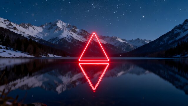 Neon triangle in mountain lake at night