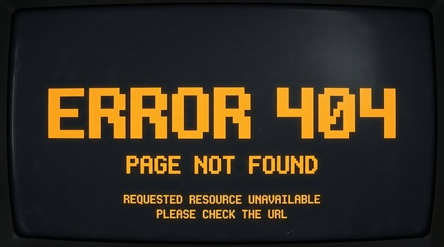 Pixel art error 404 page not found message on a dark computer screen.