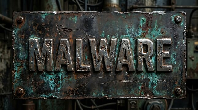 Metallic Malware sign on a dirty dark industrial metal background.